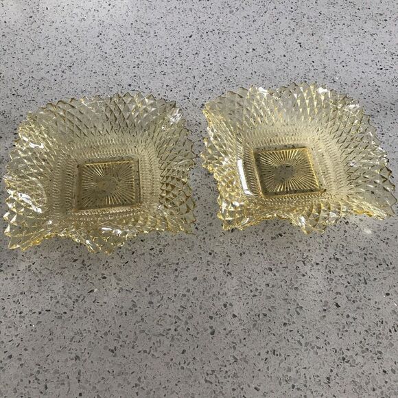 Indiana Glass Yellow Diamond Point Ruffled Square Dishes, 2 - Picture 1 of 5